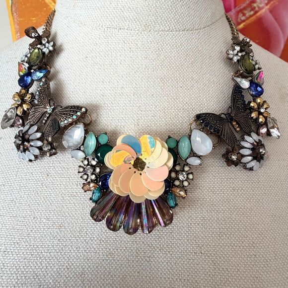 Statement Butterfly Floral Necklace Jewelry - Statement Butterfly & Floral Bib Necklace Mixed Media Rhinestone Sequin Necklace
